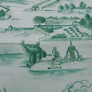 P1600815.jpg 4.5y Scalamandre Toile Scenes From Tuscany- Green On White MSRP$