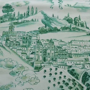 P1600820.jpg 4.5y Scalamandre Toile Scenes From Tuscany- Green On White MSRP$