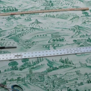 P1600826.jpg 4.5y Scalamandre Toile Scenes From Tuscany- Green On White MSRP$