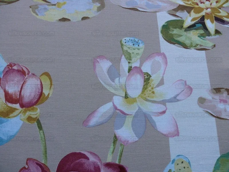 P1610145.jpg By yard Scalamandre Meiji Pond Tan Beige Lotus Water Lily Linen Print MSRP USD312/yard