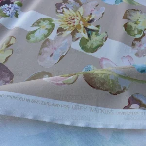 P1610148.jpg By yard Scalamandre Meiji Pond Tan Beige Lotus Water Lily Linen Print MSRP USD312/yard