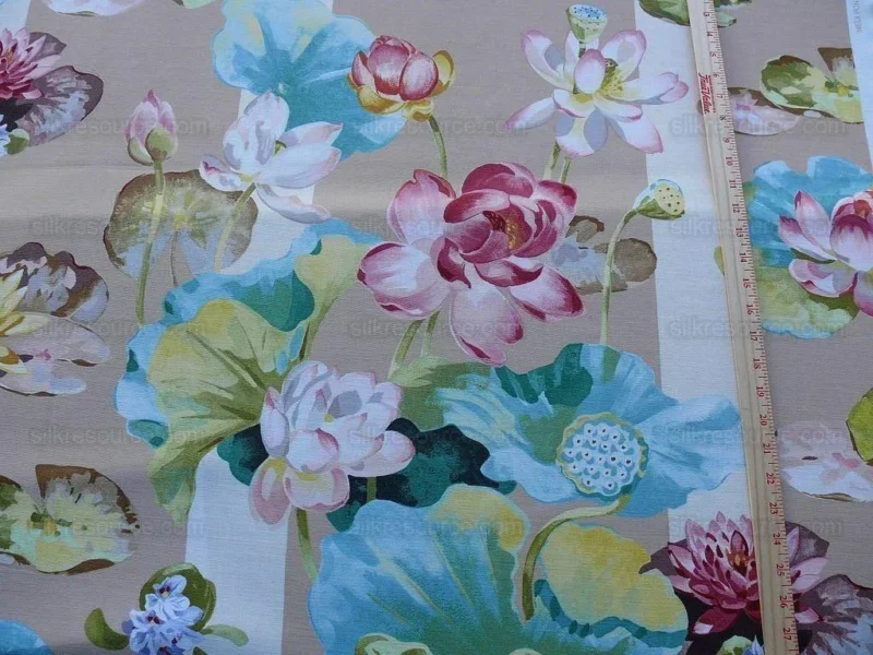 P1610151.jpg By yard Scalamandre Meiji Pond Tan Beige Lotus Water Lily Linen Print MSRP USD312/yard