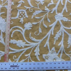 By Yd Old World Weavers Scalamandre Balik Gold Wool Crewel On Jute White on Golden Yellow Hand Made MSRP USD 304/Y