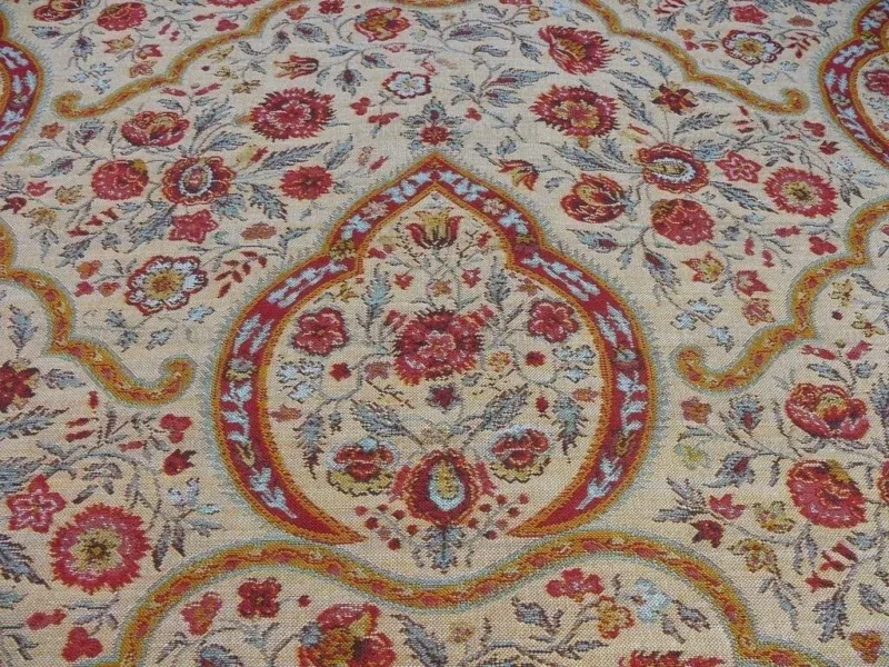 P1610511.jpg 12.25y Scalamandre Calantha Gold/red Blue Flower Wool MSRP USD 296/Y