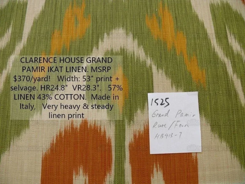 P1580707.jpg By Yd Clarence House Grand Pamir Ikat Linen Rust & Fern Green MSRP USD 370/yard