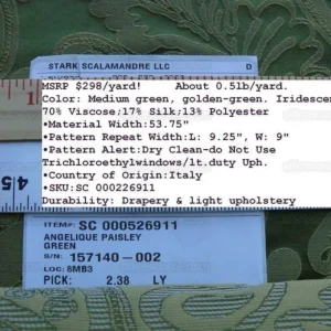 P1610851.jpg Bty Scalamandre Angelique Paisley Silk Damask Green Gold MSRP USD 298/y