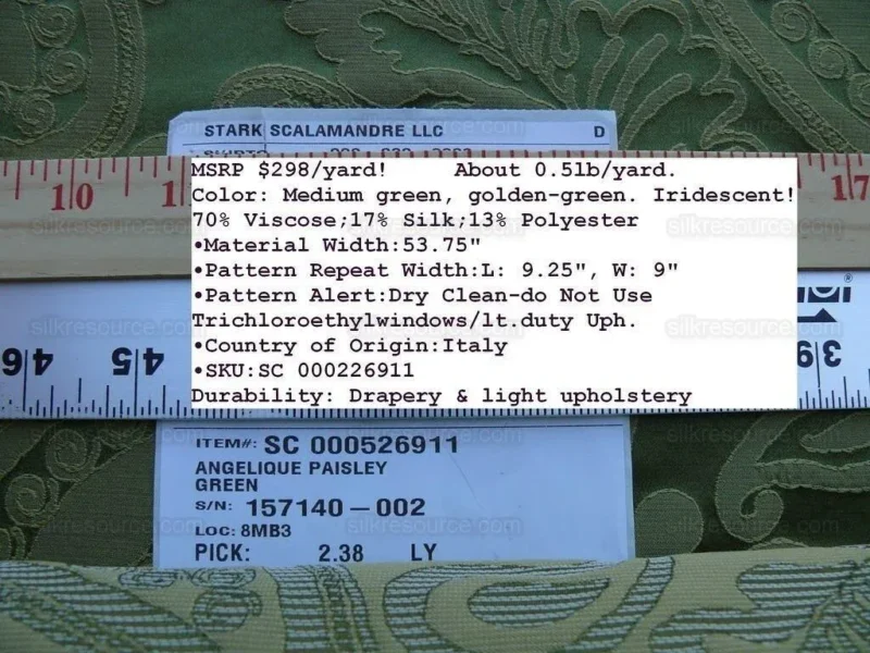 P1610851.jpg Bty Scalamandre Angelique Paisley Silk Damask Green Gold MSRP USD 298/y