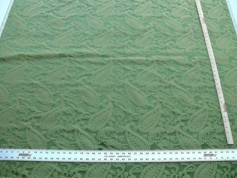 P1610853.jpg Bty Scalamandre Angelique Paisley Silk Damask Green Gold MSRP USD 298/y