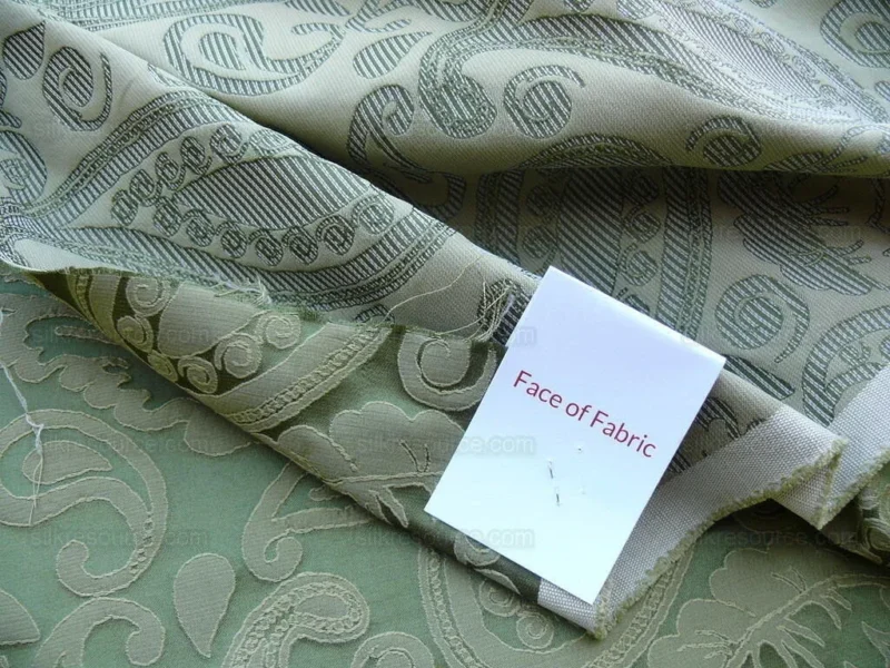 P1610856.jpg Bty Scalamandre Angelique Paisley Silk Damask Green Gold MSRP USD 298/y