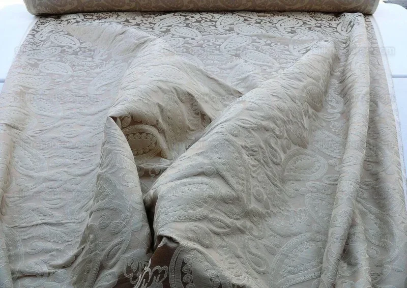 P1610945.jpg Bty Scalamandre Angelique Paisley Silk Damask Tan Gold MSRP USD 298Y