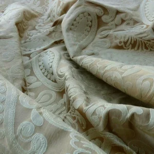 P1610952.jpg Bty Scalamandre Angelique Paisley Silk Damask Tan Gold MSRP USD 298Y