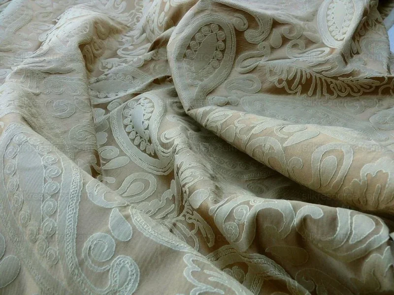 P1610952.jpg Bty Scalamandre Angelique Paisley Silk Damask Tan Gold MSRP USD 298Y