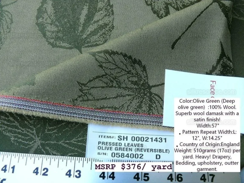 P1610984.jpg By Yard Scalamandre Wool Satin Pressed Leaves Olive Green Maple Elm Oak MSRP USD 376/Y