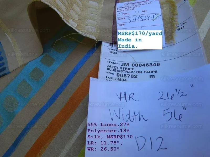 IMG_3591C.jpg Bty Scalamandre Jazzy Stripe Blue Straw On Taupe Aqua Orange Lime Green Taupe Silk Linen MSRP USD212/yard