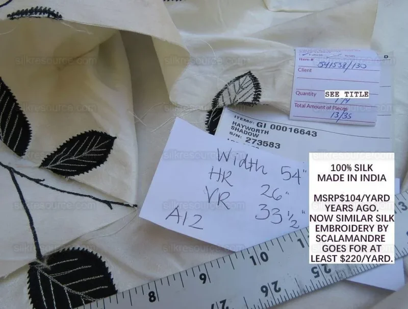 IMG_3641.jpg 0.25y Scalamandre Hayworth Silk Crewel Bk/wht Embroidery Rp4
