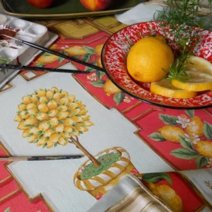 Tyler Hall "lemoncello" Lemon Tree Mandarin Bamboo Red Lattice On Cotton Satin Orangery Greenhouse by Dennis Lee