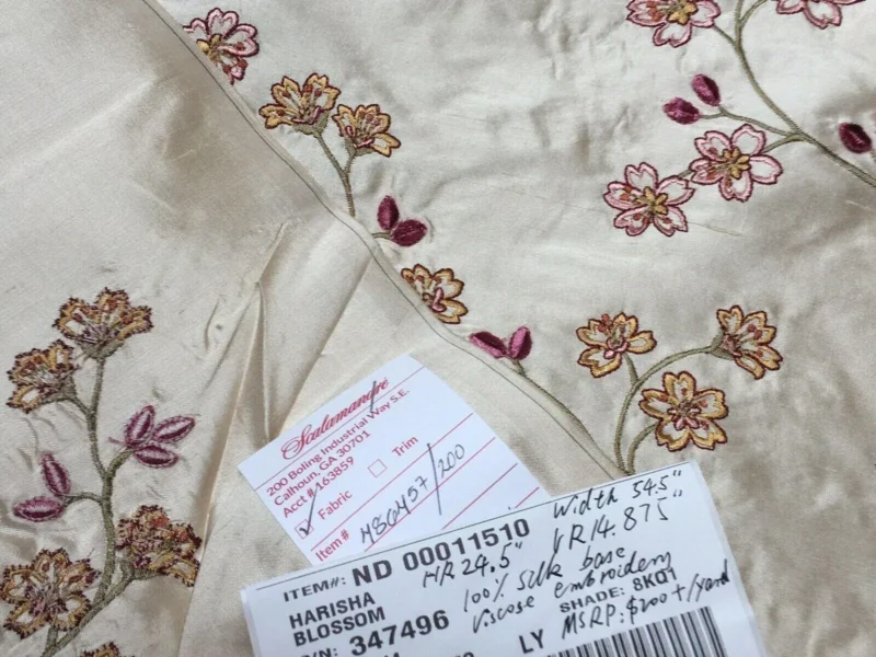 Harisha6.jpg Scalamandre Old World Weavers Harisha Pink Embroidery Cherry Blossom Red Pink on Cream