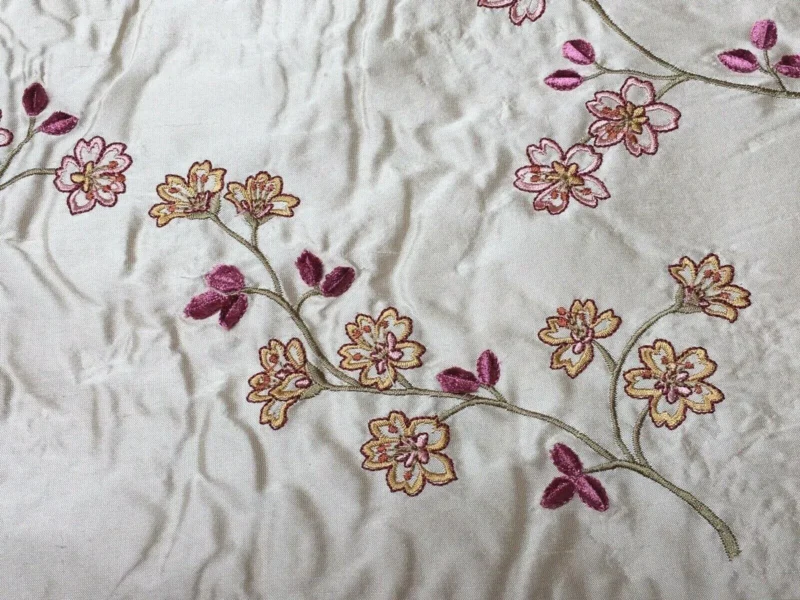 Harisha7.jpg Scalamandre Old World Weavers Harisha Pink Embroidery Cherry Blossom Red Pink on Cream