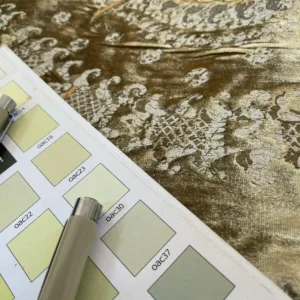 OCTAVIA-Gold-7.jpg 1.5y Brunschwig & Fils Octavia Silk Velvet Print “gold”pale Chartreuse Green