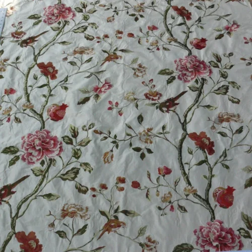 P1620535.jpg Lee Jofa Danthe Silk Embroidery Chinoisery Bird Flower Tree Peony Pomegranate pink Red Green on Cream MSRP USD 596/y