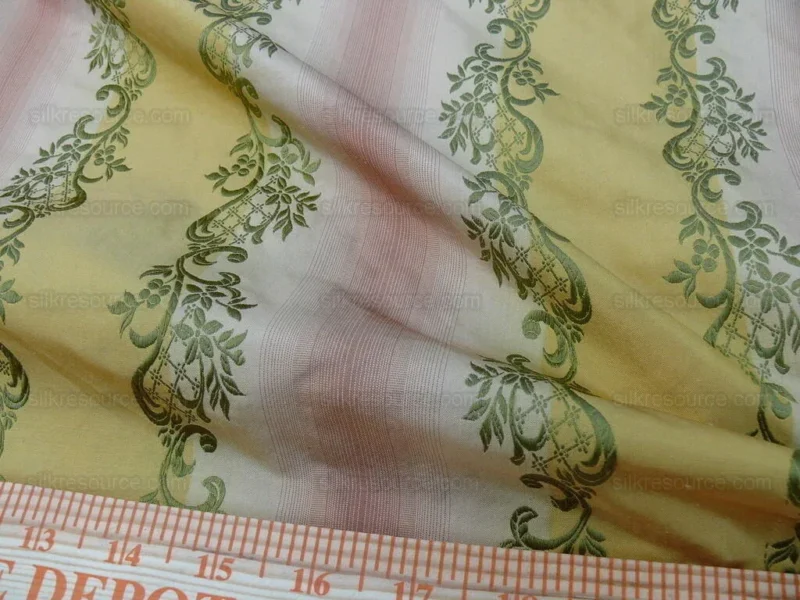 P1620716.jpg 0.8y Designer 100% Silk Lisere Stripe Pink Gold Muted Sage Green