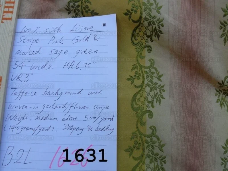 P1620717.jpg 0.8y Designer 100% Silk Lisere Stripe Pink Gold Muted Sage Green