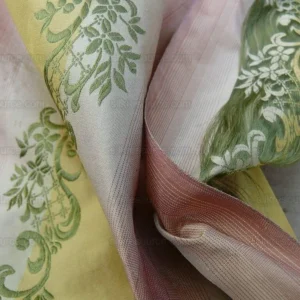 P1620718.jpg 0.8y Designer 100% Silk Lisere Stripe Pink Gold Muted Sage Green