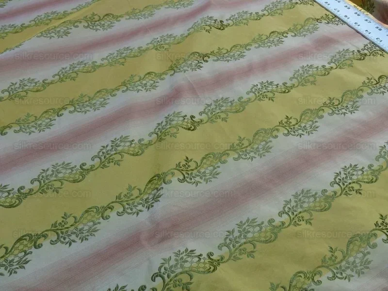 P1620719.jpg 0.8y Designer 100% Silk Lisere Stripe Pink Gold Muted Sage Green