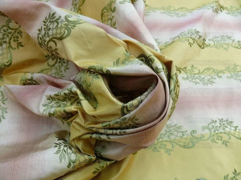 P1620720.jpg 0.8y Designer 100% Silk Lisere Stripe Pink Gold Muted Sage Green