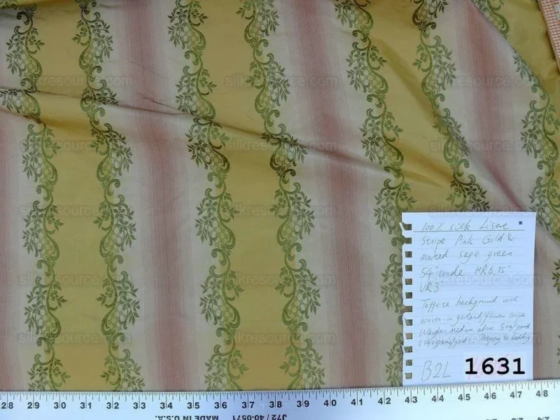 P1620721.jpg 0.8y Designer 100% Silk Lisere Stripe Pink Gold Muted Sage Green