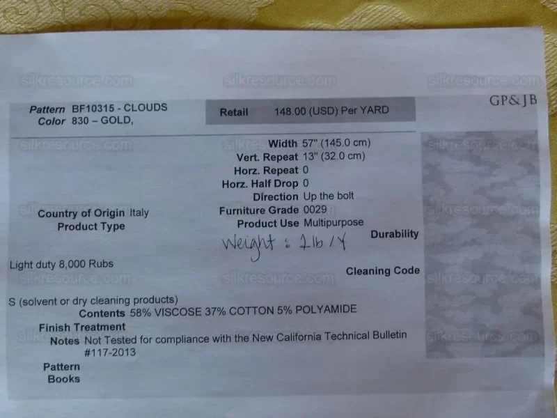 P1000562.jpg By Yd Gp&j Baker Clouds Gold Yellow Blend Chinoiserie Reversible Damask Cotton MSRP USD 148/y