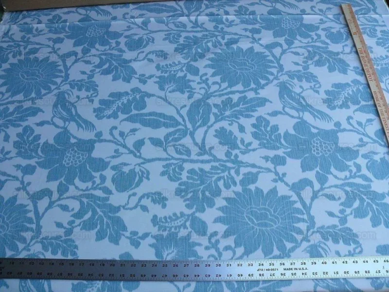 P1630564.jpg 1.5yd Lee Jofa Kali Damask.teal Blue White Bird Flower Linen Cotton Reversible MSRP USD 264/y