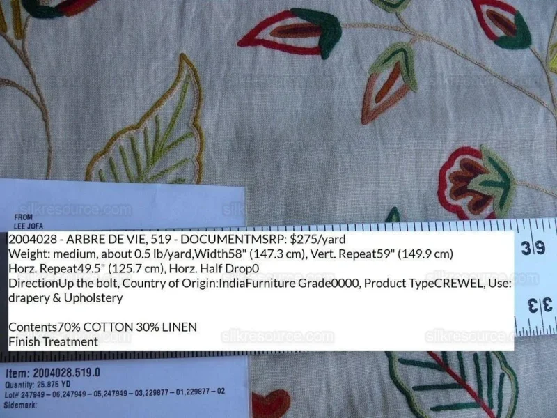 P1630581.jpg 3.47y Lee Jofa Arbre De Vie.document Stunning Crewel Embroidery Tree of Life Linen Museum Quality