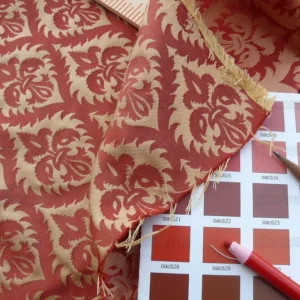 P1630733.jpg Kravet Red & Gold Small Medallion Crest Silk Damask Reversible MSRP USD 159/Y