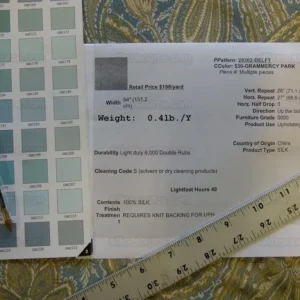 P1000238-01.jpg Bty Kravet Grammercy Park in Delft Blue Paisley Blue Green Grey Silver Silk Damask MSRP USD198/y