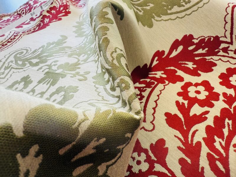 img_2322 by yard Lee Jofa Mulberry Home Staveley Damask Ruby Olive Green Red White Floral Stripe MSRP USD 196/y