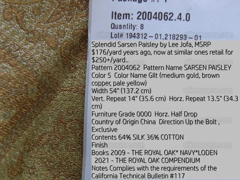 P1380488.jpg By Yard Lee Jofa Sarsen Paisley Gilt Gold Classy Silk Damask Renaissance MSRP USD 176/yard