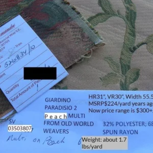 P1600262.jpg 2.75y Scalamandre Giardino Paradisio 2 Peach Multi Old World Weavers MSRP4/yard
