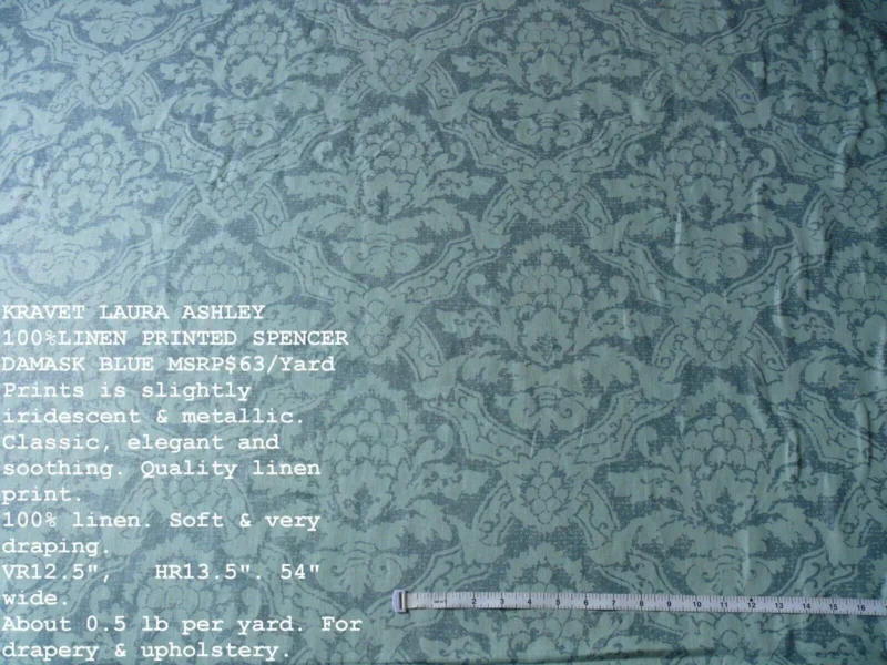 P1410807.jpg By Yd Kravet Laura Ashley 100% linen Print Spencer Damask Cool Water Blue Gilded  #874