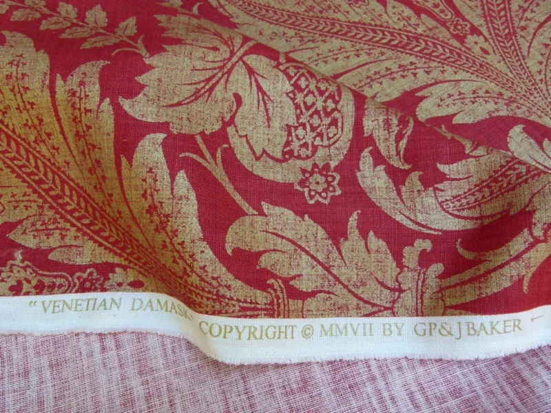 P1010903.jpg By Yard GP & J Baker Lee Jofa Venetian Damask Red Gold Linen Print Renaissance Pomegranate Rose MSRP USD 170