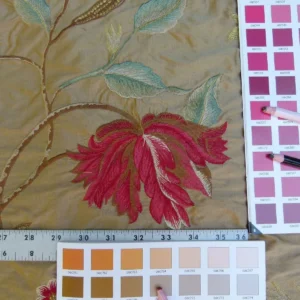 P1010910.jpg By Yard Gp&j Baker Tulip Tree Silk Embroidery Red Gold Large Scale MSRP USD 298Y