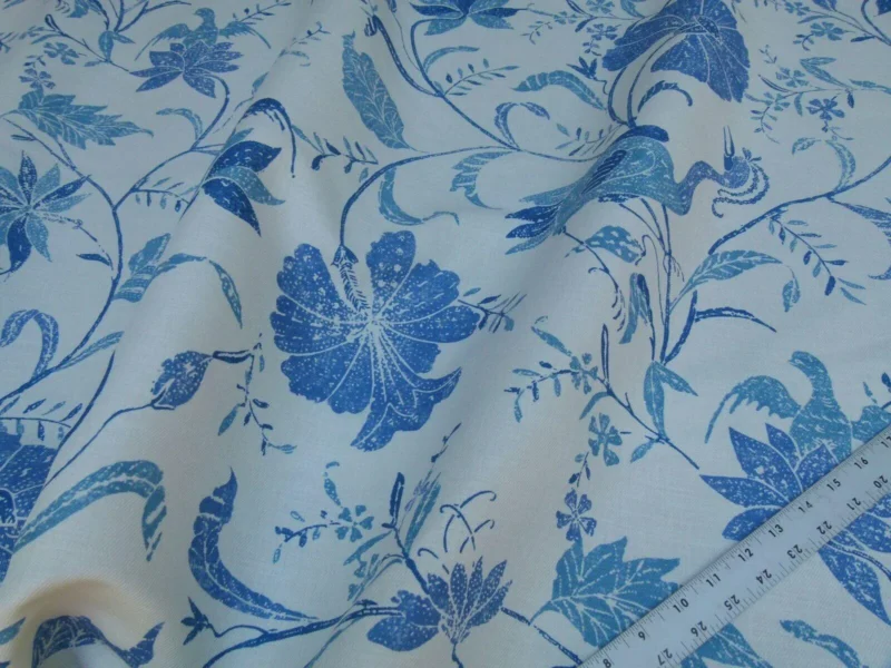 1.75yd Brunschwig & Fils Batik Pacific Blue Bird Print Linen