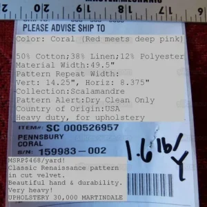 P1020302.jpg Scalamandre Pennsbury Cut Linen Velvet Renaissance Coral Red MSRP USD 504/Y
