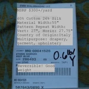 By yard Scalamandre  Ethnic Damask Reef Blue Cotton Silk Lampas African Abstract MSRP USD 432/Y