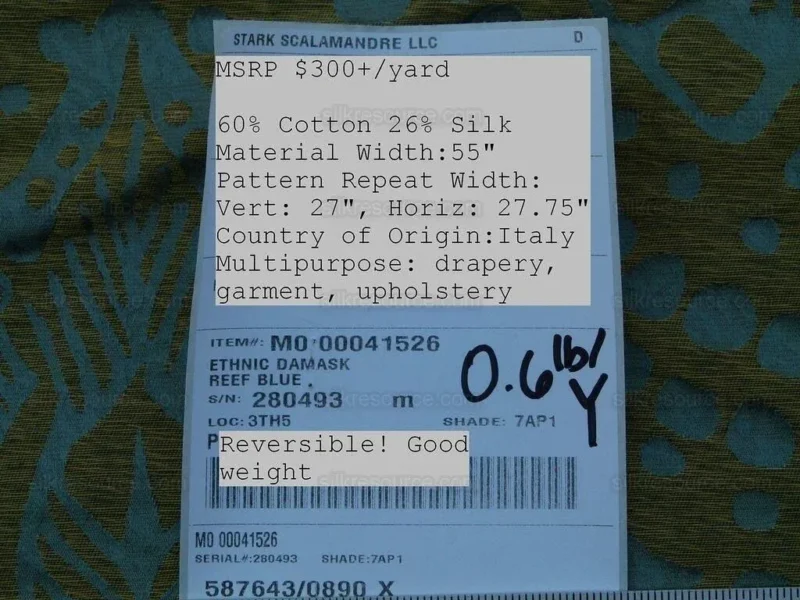 By yard Scalamandre  Ethnic Damask Reef Blue Cotton Silk Lampas African Abstract MSRP USD 432/Y