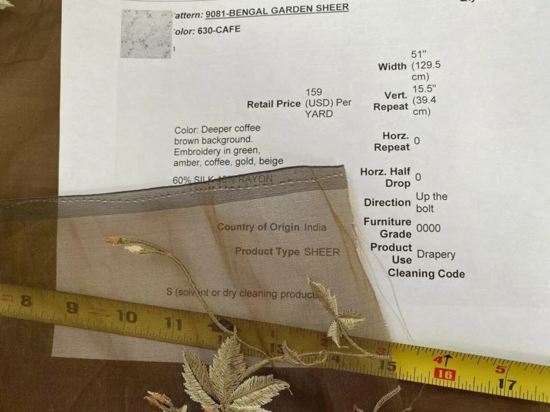 bengal-5.jpg By Yard Kravet Bengal Garden Sheer Silk Organza Embroidery Cafe Brown MSRP USD 159/Y