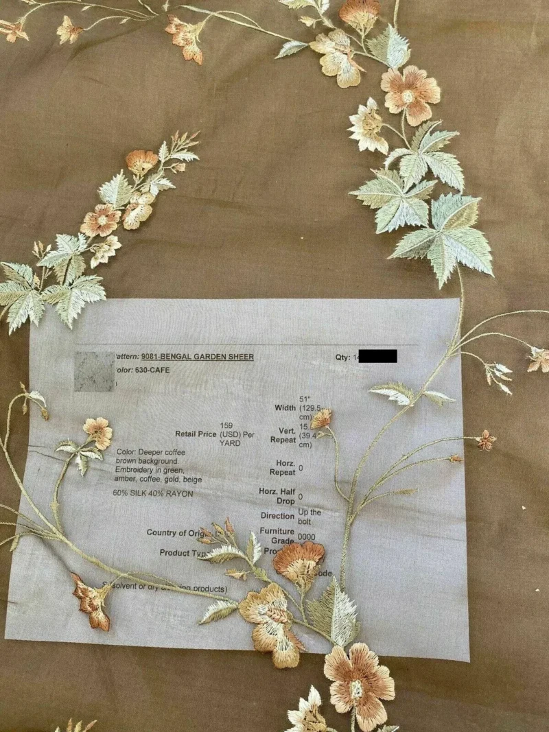 bengal-7.jpg By Yard Kravet Bengal Garden Sheer Silk Organza Embroidery Cafe Brown MSRP USD 159/Y