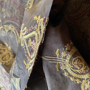 IMG_1636 **On hold By Yd Scalamandre Dhara Black Gold Silk Damask Embroidery MSRP USD 200/y