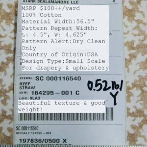 Scalamandre Reef Straw Tan 100% Cotton Print MSRP USD 100+/Y
