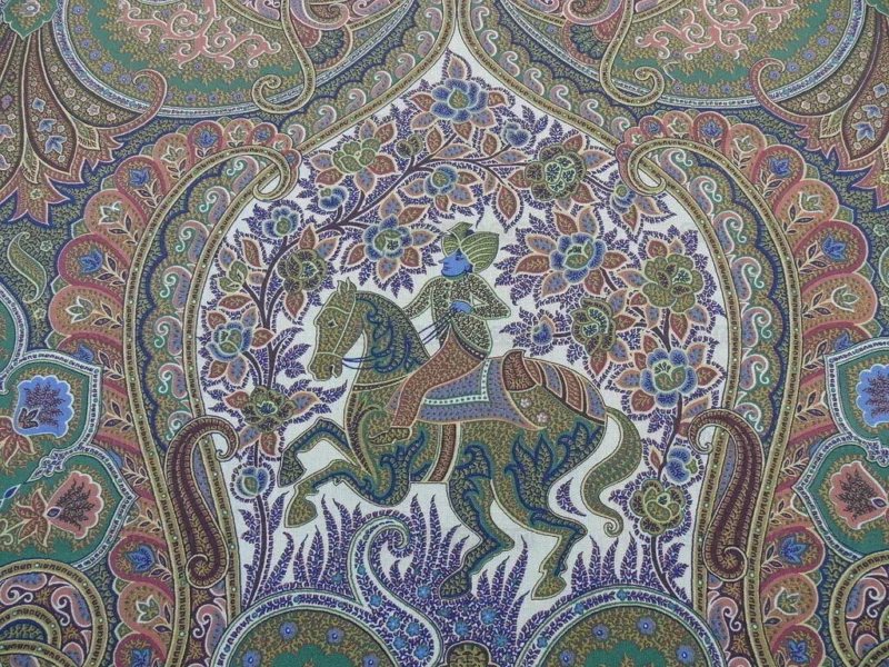 Scalamandre Le Cheval Indien Horse Warrior Claret Green Print Equestrian portrait MSRP USD 280/y
